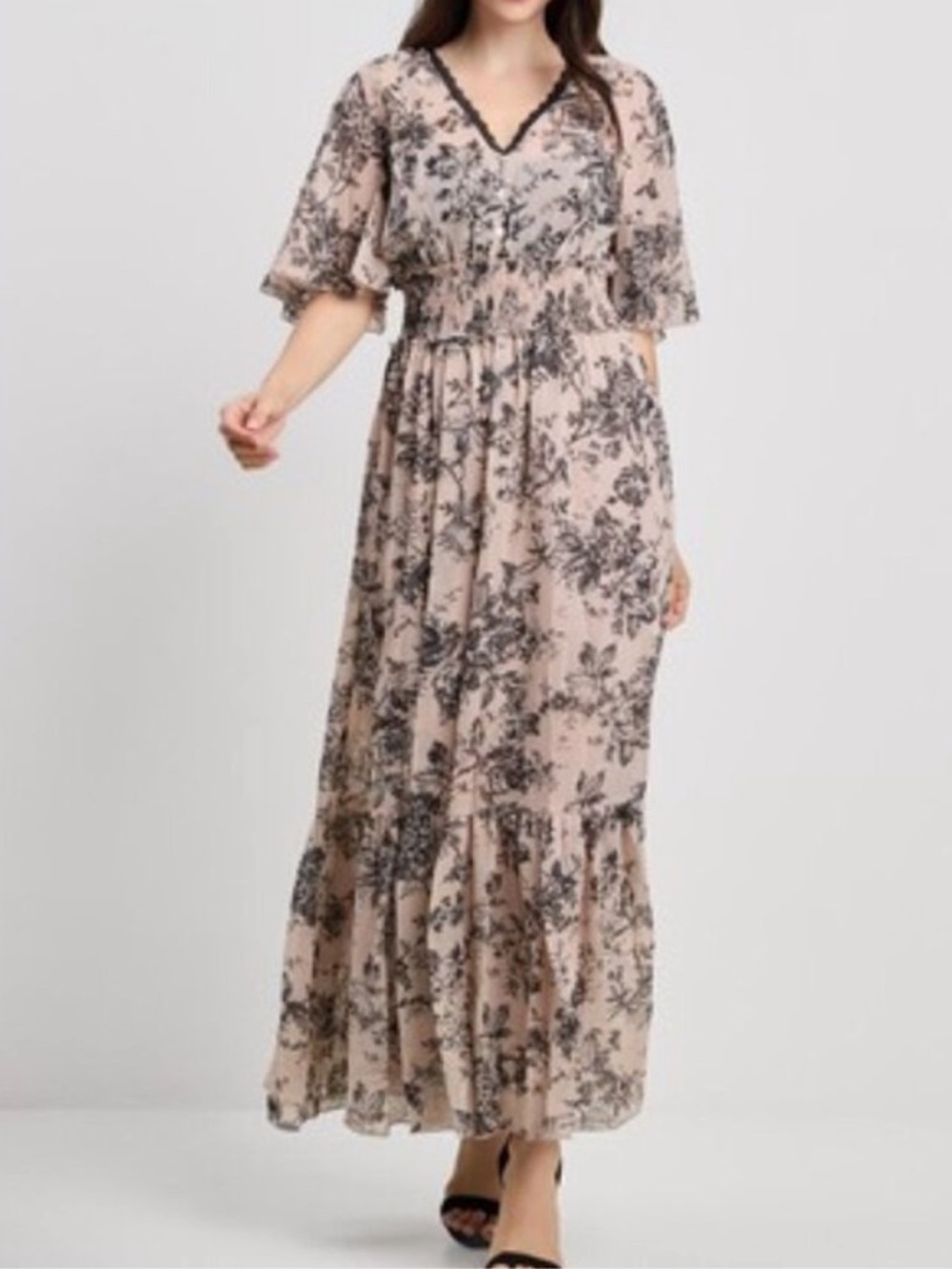 Kate and Lily Beige and Black Floral Maxi Dress with Smocked Waist Size 16W - Picture 13 of 14